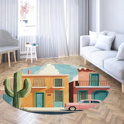 Moderne Stadt Kaktus Retro Auto Kunst Runde Teppiche 120cm - Boho Schlafzimmer niedrig Flor Faltbarer Kreis Teppich für Wohnzimmer Wohnkultur Terrasse Showroom Moderne Stadt Kaktus Retro Auto Kunst Runde Teppiche 120cm - Boho Schlafzimmer niedrig Flor Faltbarer Kreis Teppich für Wohnzimmer Wohnkultur Terrasse Showroom von SHUODAOCO