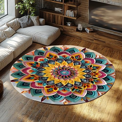 SHUODAOCO Abstrakte runde Teppiche - Floral Boho Bunte künstlerische Blumenteppiche rutschfeste waschbare weiche Kreismatte für Wohnzimmer Esszimmer 200cm von SHUODAOCO