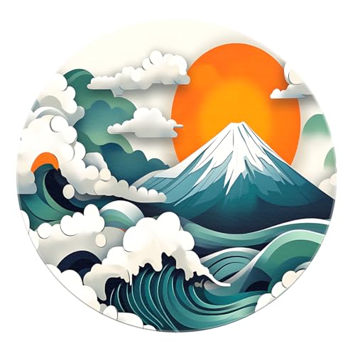 SHUODAOCO Asiatischer orientalischer runder Teppich - Mount Fuji Aufgehende Sonne Ozean Wellen Teppiche Maschinenwaschbare niedrige Flormatte für Home Office Wohnzimmer 60cm von SHUODAOCO