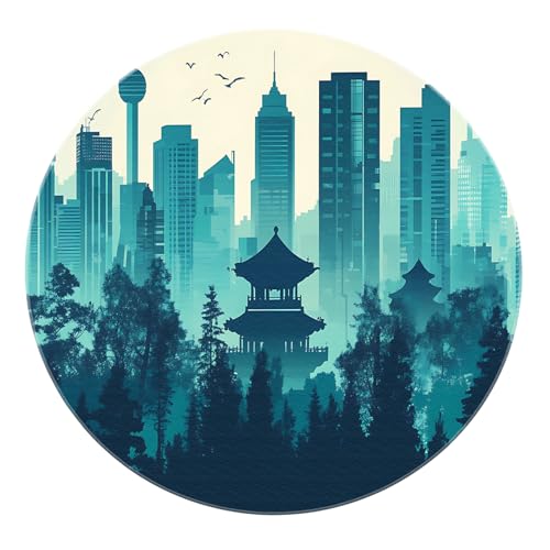 SHUODAOCO Blau Grün Farbverlauf Stadtbild Runde Teppiche 100cm - Moderne chinesische Architektur Faltbare weiche Matte für Arbeitszimmer Balkon Wohnkultur SHUODAOCO Blau Grün Farbverlauf Stadtbild Runde Teppiche 100cm - Moderne chinesische Architektur Faltbare weiche Matte für Arbeitszimmer Balkon Wohnkultur von SHUODAOCO