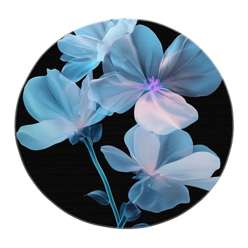 SHUODAOCO Blau Lila Blumen Runder Teppich 100cm - Abstrakter schwarzer Basis waschbarer Rutschfester weicher niedriger Flor Kreis Teppich für Schlafzimmer Eingangsbereich Wohnzimmer von SHUODAOCO