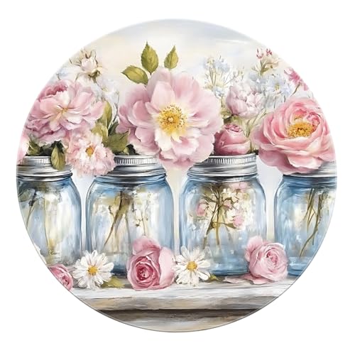 SHUODAOCO Blau Rosa Grün Boho Runder Teppich 100cm - Blumenglas Teppich Tragbar Waschbar Weich für Wohnkultur Esszimmer Küche Spielzimmer Schlafsaal von SHUODAOCO