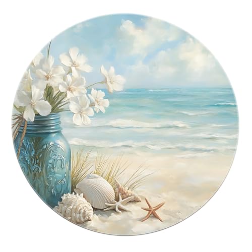 SHUODAOCO Blau Weiß Küste Runde Bereich Teppiche 160cm - Boho Strand Vase Blumenmuster rutschfeste waschbare Kreismatte für Gästezimmer Flur Dekor von SHUODAOCO