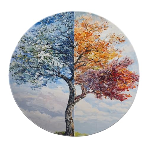 SHUODAOCO Blauer gelber Baum runder Teppich 100cm - künstlerischer weicher waschbarer Rutschfester Kreisteppich für Schlafzimmer Wohnzimmer Wohnkultur Gästezimmer Flur von SHUODAOCO