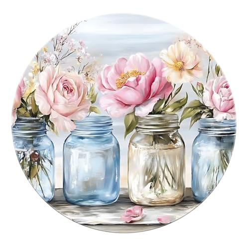 SHUODAOCO Blumenglas Glas Runder Teppich 180cm - Blau Rosa Weiß Boho Stil Türmatte rutschfest Waschbar Weich für Küche Wohnkultur Esszimmer Foyer von SHUODAOCO