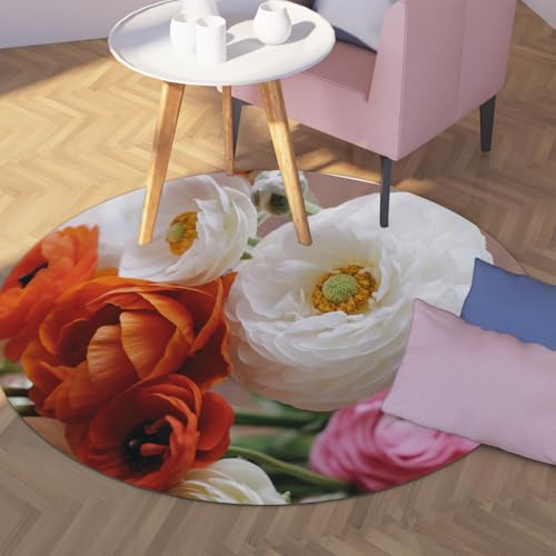 SHUODAOCO Boho Blume rutschfeste Kreisteppiche 160cm - Mehrfarbiger Ranunkelmuster Runder waschbarer Blumenteppich für Wohnzimmer Foyer Sofa Eingangsbereich von SHUODAOCO
