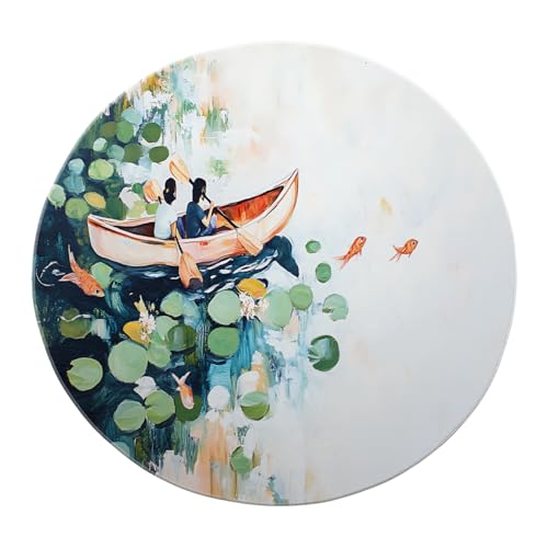 SHUODAOCO Boho Grün Weiß Runde Fläche Teppiche 120cm - Rudern Seerosen Waschbare Teppiche Niederflor Matte für Wohnkultur Schlafzimmer Wohnzimmer von SHUODAOCO