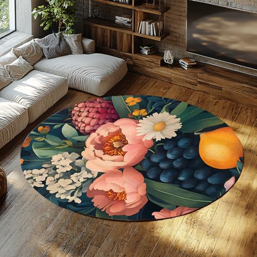 SHUODAOCO Bunte Früchte Blumen Runde Bereich Teppiche 90cm - Lila Trauben Rosa Blumenmuster Kreis Teppich Weicher niedriger Flor für Eingangsbereich Esszimmer Foyer von SHUODAOCO