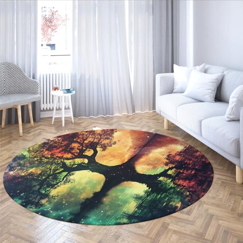 SHUODAOCO Bunter Baum Wasser Reflexion Muster Runder Teppich 100cm - weiche waschbare rutschfeste Kreismatte für Bauernhaus Küche Waschküche Schlafzimmer von SHUODAOCO