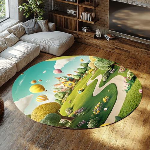 SHUODAOCO Cartoon Garten Kinderzimmer Runde Bereich Teppiche 100cm - waschbarer Kreis Teppich Bunte Luftballons Schloss Blumen für Schlafzimmer Spielzimmer Flur Foyer von SHUODAOCO