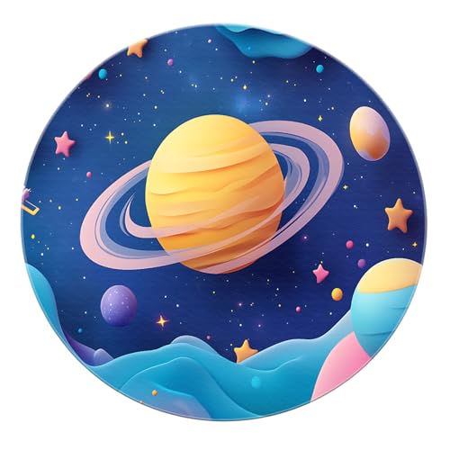 SHUODAOCO Cartoon Space Planet Runde Teppiche 100cm - Bunte Ringteppiche niedrigflorige gelbe lila Matte für Schlafzimmer Wohnzimmer Esszimmer Badezimmer von SHUODAOCO