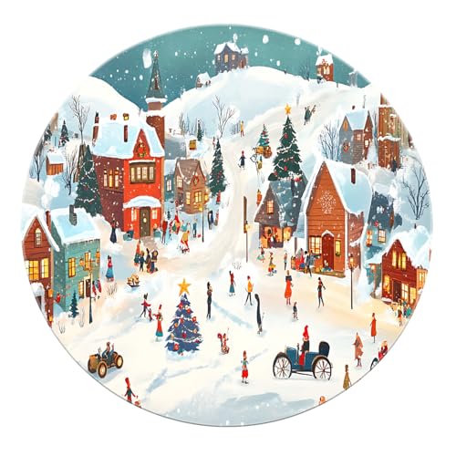 SHUODAOCO Christmas Village Runder Teppich 160cm - Winter Berg Schneelandschaft rutschfeste Teppiche Low Flor Soft Red Green Türmatte für den Eingangsbereich Home Decor von SHUODAOCO