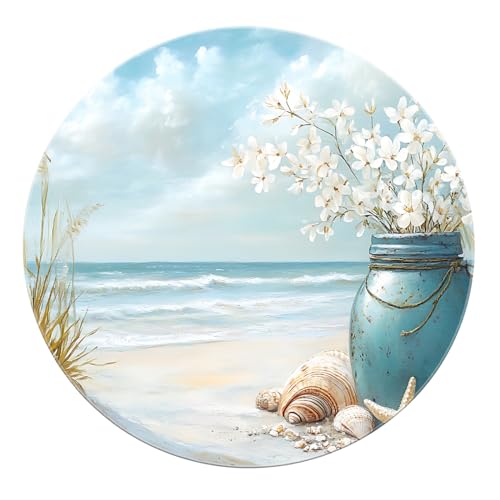 SHUODAOCO Coastal Blue Vase Runde Teppiche 160cm - Boho Beach Thema Rutschfester waschbarer weicher Flor Kreis Teppich für Schlafzimmer Wohnzimmer Wohnkultur von SHUODAOCO