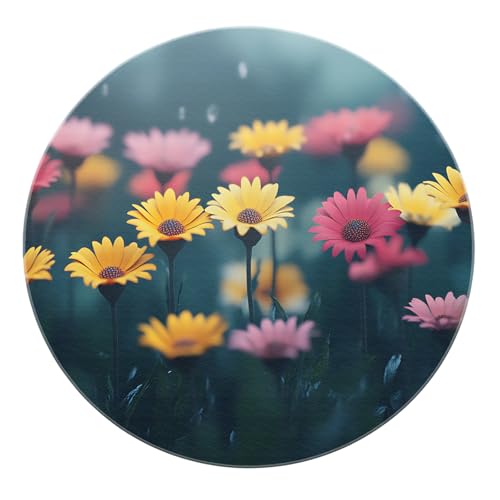 SHUODAOCO Colorful Daisy Round Teppich - Blumen Gelb Rosa Blumen Teppiche rutschfeste waschbare weiche Kreis Matte für Wohnzimmer Schlafzimmer Esszimmer 120cm von SHUODAOCO