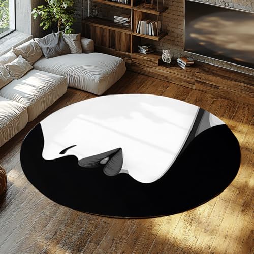 SHUODAOCO Elegante runde Teppiche mit Frauenprofil 100cm - Lippen Gesicht Grafikstil Faltbare rutschfeste weiche Kreismatte für den Eingangsbereich Wohnzimmer Foyer von SHUODAOCO
