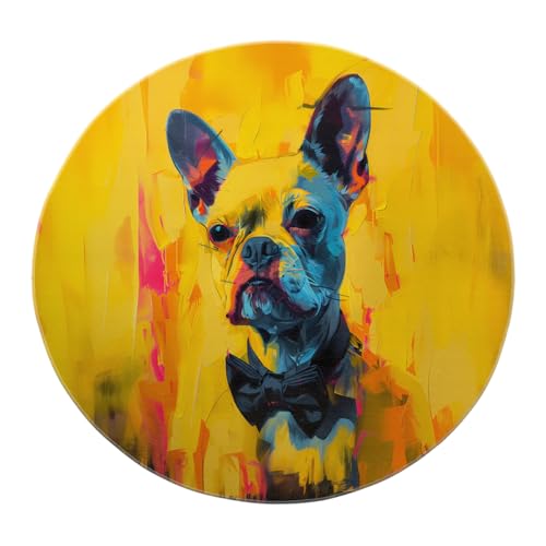SHUODAOCO Französische Bulldogge mit Fliege Runder Teppich 120cm - Gelbe Küchenteppiche rutschfest waschbar für Wohnzimmer Schlafzimmer Esszimmer Foyer Klassenzimmer von SHUODAOCO