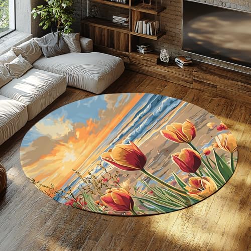 SHUODAOCO Gelb Rot Tulpe Runder Teppich 90cm - Floral Sunset Lake Waschbare Teppiche rutschfeste weiche Wurfmatte für Wohnzimmer Schlafzimmer Küche Nachttisch SHUODAOCO Gelb Rot Tulpe Runder Teppich 90cm - Floral Sunset Lake Waschbare Teppiche rutschfeste weiche Wurfmatte für Wohnzimmer Schlafzimmer Küche Nachttisch von SHUODAOCO