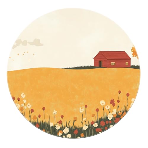 SHUODAOCO Golden Fields Soft Round Teppich 160cm - Herbst Land Gemütliche rote Hütte Floral waschbare Teppiche für Bauernhaus Badezimmer Schlafzimmer Schlafsaal von SHUODAOCO