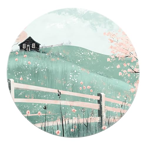 SHUODAOCO Green Hill Runder Teppich 200cm - Blossom Picket Fence rutschfeste Teppiche Waschbare Schwarz Rosa Weiß Türmatte für Bauernhaus Wohnzimmer von SHUODAOCO
