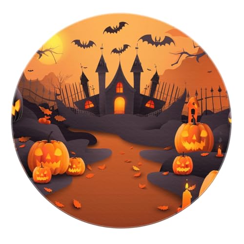 SHUODAOCO Halloween Haunted House Runder Teppich 90cm - gruseliger festlicher Stil waschbare rutschfeste weiche Kreismatten für Schlafzimmer Wohnzimmer Urlaub Dekor von SHUODAOCO