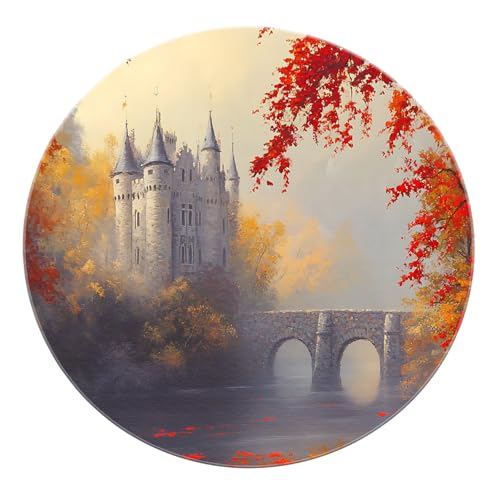 SHUODAOCO Herbst rote Blätter runder Teppich 60cm - Schloss Rutschfester Kreisteppich Maschinenwaschbare weiche Matte für Schlafzimmer Wohnzimmer Esszimmer Badezimmer von SHUODAOCO