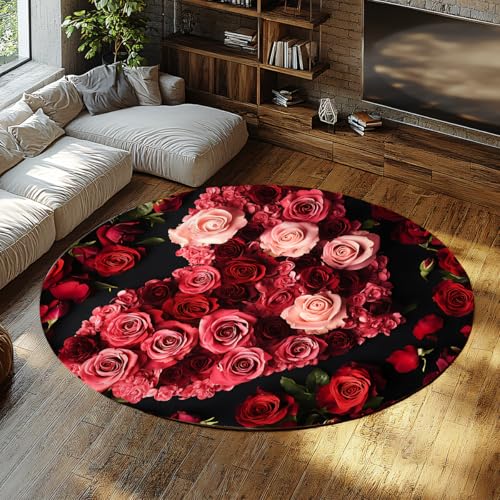 SHUODAOCO Herzförmige Rosenstrauß Runde Teppiche 60cm - Romantischer Blumenkreisteppich Waschbare rutschfeste weiche Kreismatte für Schlafzimmer Valentinstag Dekor von SHUODAOCO