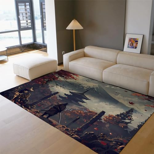 SHUODAOCO Japanischer Samurai Teppich Ukiyo-E Stil Teppich Anime Illustrationen Teppiche Waschbar Rutschfester niedriger Flor Großer Teppich Schlafzimmer Kinderzimmer 120x180cm von SHUODAOCO