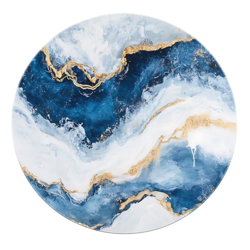 SHUODAOCO Künstlerischer fließender Texturmuster runder Teppich 100cm - Blau Weiß Gold Weicher waschbarer Rutschfester Kreisteppich für Schlafzimmer Wohnzimmer Wohnkultur von SHUODAOCO