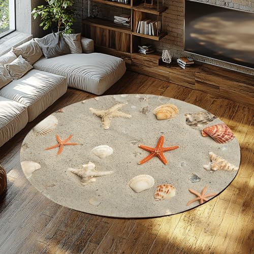 SHUODAOCO Küste Runder Teppich 60cm - Muschel Seestern Muster Teppich rutschfeste Kreismatte für Wohnzimmer Schlafzimmer Wohnkultur Badezimmer Klassenzimmer von SHUODAOCO