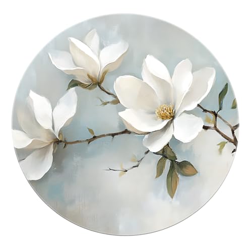 SHUODAOCO Magnolia Floral White Round Rugs 120cm - Eleganter Stil waschbarer Rutschfester weicher Kreisteppich für Schlafzimmer Wohnzimmer Arbeitszimmer Balkon von SHUODAOCO