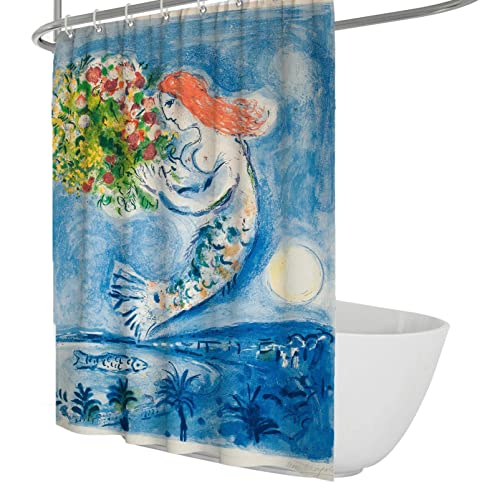 SHUODAOCO Marc Chagall Malerei Kunst Duschvorhänge Bunte Blumen wasserdichter Stoff Duschvorhang Sets mit Haken Meerjungfrau Polyester Badevorhang 180Bx200Lcm von SHUODAOCO