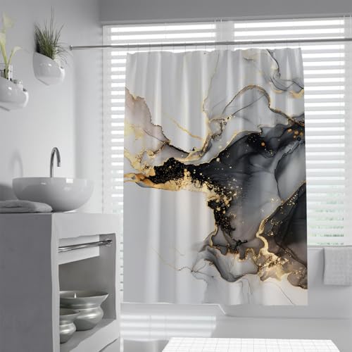 SHUODAOCO Marmor Textur Duschvorhang Luxus Gold Linien Wasserdichter Polyester Stall Duschvorhang mit Haken Schnell trocknender Badezimmer-Dekor 180Bx275Lcm von SHUODAOCO