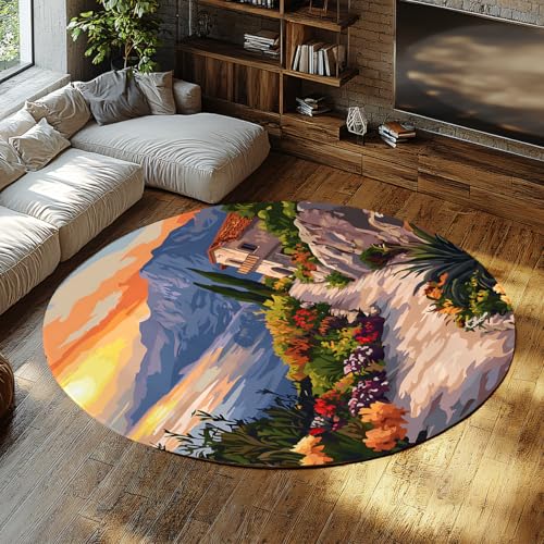 SHUODAOCO Mediterranean Villa Sunset Runder Teppich 90cm - Malerische Blumen Hangseite Waschbare Teppiche Rutschfester weicher Kreisteppich für Wohnzimmer Schlafzimmer von SHUODAOCO