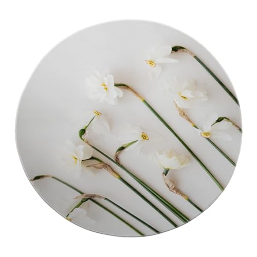 SHUODAOCO Minimalistischer Stil Low Flor Soft Round Throw Teppich 90cm - Weißer Narzissen Blumenkreis Teppich faltbar für Wohnzimmer Ankleidebereich Balkon von SHUODAOCO