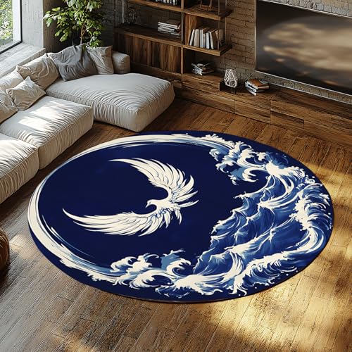 SHUODAOCO Moderne Blaue runde Teppiche 180cm - weißer Vogel waschbare weiche Teppiche niedrige Flor Türmatte für Schlafzimmer Wohnzimmer Esszimmer Badezimmer Klassenzimmer von SHUODAOCO