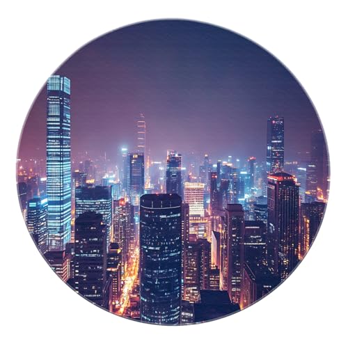 SHUODAOCO Moderne Stadt Nachtlandschaft Runder Teppich 90cm - Mehrfarbige leuchtende Wolkenkratzer rutschfeste waschbare Matte für Wohnzimmer Wohnkultur Küche von SHUODAOCO