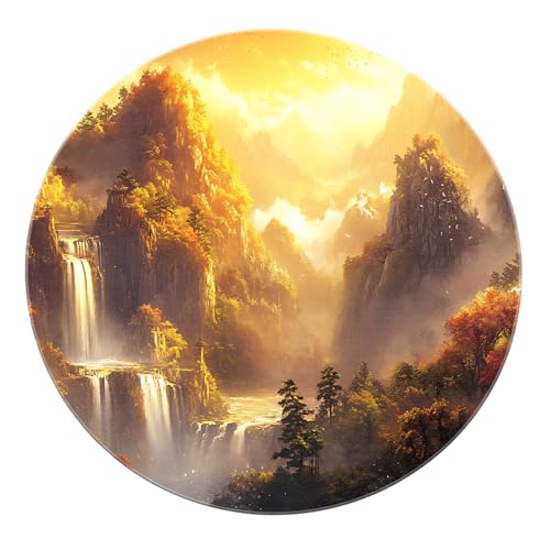 SHUODAOCO Moderne Szenerie Runde Teppiche 90cm - Bergwasser Waschbare weiche Teppiche niedrigflorige gelbe Matte für Schlafzimmer Wohnzimmer Esszimmer Badezimmer von SHUODAOCO