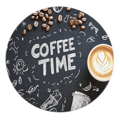 SHUODAOCO Moderner Kaffee Liebhaber Runder Teppich 90cm - Schwarz Weiß Kaffeetasse Bohnen Kreis Teppich rutschfeste waschbare Matte für Cafe Küche Esszimmer von SHUODAOCO