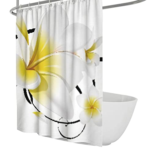 SHUODAOCO Moderner geblümter Duschvorhang gelb und weiß Frangipani-Blumenmuster Duschvorhang-Sets mit Haken Polyester-Stoff-Badezimmervorhang 180Bx180Lcm von SHUODAOCO