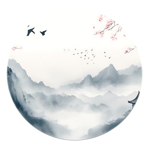 SHUODAOCO Mountain Water Ink Pattern Runde Fläche Teppiche 90cm - Vogel Rosa Blume Kreis Teppich Weich waschbar rutschfest für Schlafzimmer Wohnzimmer Eingangsbereich von SHUODAOCO