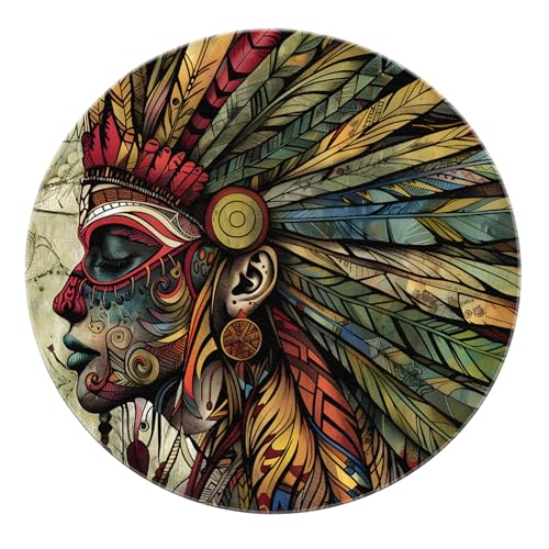 SHUODAOCO National Aesthetics Runder Teppich - Hochformat Illustration Farbverlauf Feder Kopfschmuck Muster Niedriger Flor Rutschfester Bereich Teppich Für Eingangsbar 120cm von SHUODAOCO