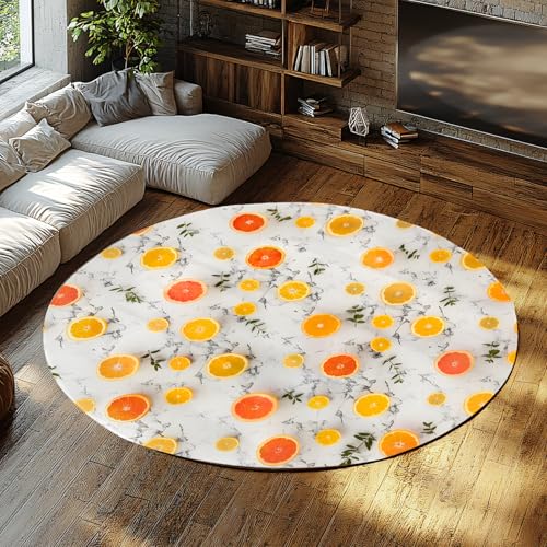 SHUODAOCO Orange Muster Runde Teppiche - Rot Weiß rutschfeste Teppiche Waschbare niedrige Flor Fußmatte für Esszimmer Wohnzimmer Badezimmer Schlafzimmer Eingangsbereich 60cm von SHUODAOCO