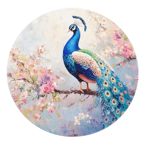 SHUODAOCO Pfau blühender runder Teppich 200cm - blaugrüne Federn Blumenteppiche rutschfeste waschbare weiche Kreismatte für Wohnzimmer Wohnkultur Badezimmer von SHUODAOCO