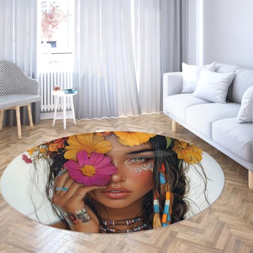 SHUODAOCO Rosa Gelb Kosmos Florale Runde Teppiche 160cm - Boho Lady Rutschfester waschbarer runder Teppich für das Schlafzimmer Waschtisch Raum Eingangsbereich SHUODAOCO Rosa Gelb Kosmos Florale Runde Teppiche 160cm - Boho Lady Rutschfester waschbarer runder Teppich für das Schlafzimmer Waschtisch Raum Eingangsbereich von SHUODAOCO