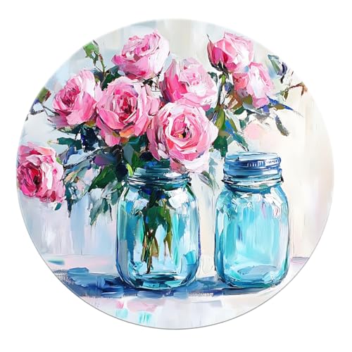 SHUODAOCO Rosa Rose Wohnzimmer Runde Teppiche 100cm - Romantische Blumen Blaue Vase Zirkulärer Teppich Waschbare rutschfeste weiche Kreismatte für den Schlafzimmereingang von SHUODAOCO