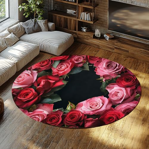 SHUODAOCO Roter Rosenkranz Runder Teppich 90cm - Romantische Blumen waschbare Teppiche Rutschfester weicher Kreisteppich für Schlafzimmer Wohnzimmer Valentinstag Dekor von SHUODAOCO