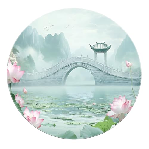 SHUODAOCO Runder Teppich für chinesischen Garten 180cm - Steinbrücke Lotus Pond Rutschfester Teppich Waschbare weiche Matte für Wohnkultur Schlafzimmer Wohnzimmer Esszimmer von SHUODAOCO