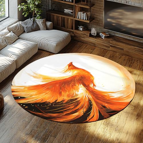 SHUODAOCO Runder Teppich mit Phönix-Muster 160cm - orange-rote Flügel goldene Federn rutschfest waschbar weiche runde Matte für Wohnzimmer Schlafzimmer Heimdekoration von SHUODAOCO