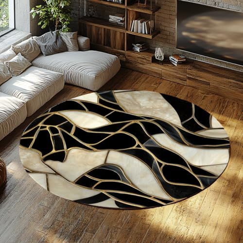 SHUODAOCO Runder Teppich mit unregelmäßigem Texturmuster 200cm - Schwarz Weiß Gold weiche waschbare niedrigflorige Kreismatte für Büro Bauernhausküche Waschküche SHUODAOCO Runder Teppich mit unregelmäßigem Texturmuster 200cm - Schwarz Weiß Gold weiche waschbare niedrigflorige Kreismatte für Büro Bauernhausküche Waschküche von SHUODAOCO