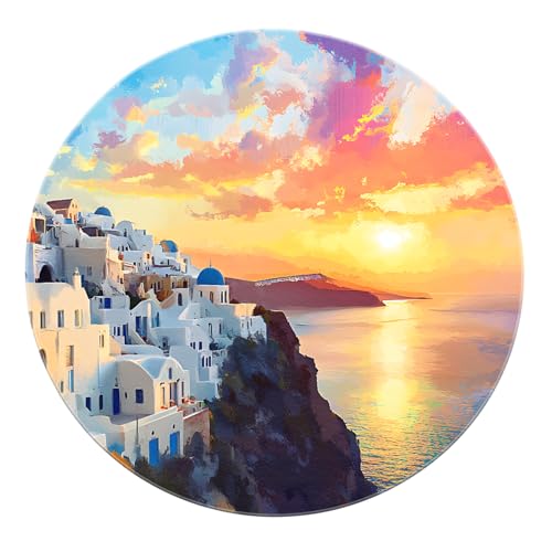 SHUODAOCO Santorini Sunset Runder Teppich 100cm - Weiß Blau Häuser Meerblick Matte rutschfest Waschbar Weich Für Bauernhaus Küche Balkon Schlafzimmer Dekor von SHUODAOCO